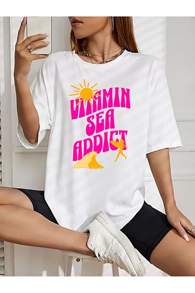 SUNFREE Popular Trend Vitamin Sea Printed White Loose Fit Women's T-Shirt