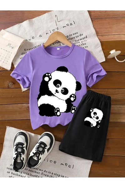 aynewmoda Set de tricou și pantaloni scurți cu mâneci scurte „So Cute Panda” de vară pentru fete