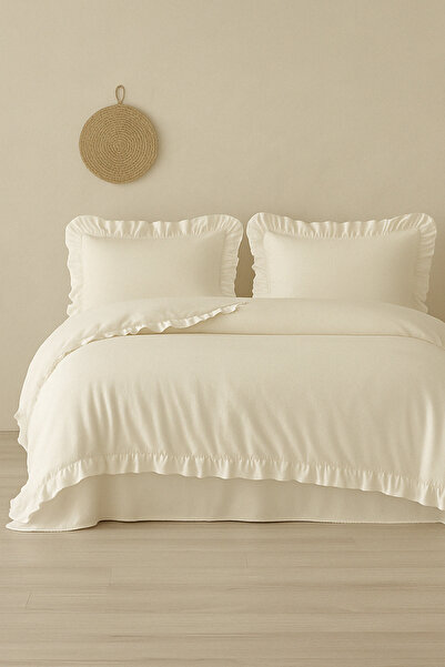 Uckan Set lenjerie de pat dublu ecru bumbac 100% cu volane