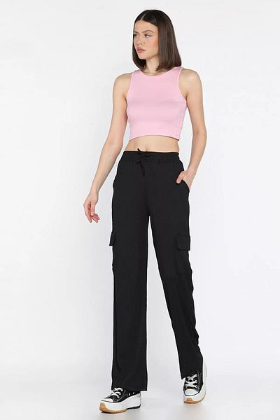 GÜLSELİ Black Women's Elastic Waist Wide Leg Cargo Pocket Trousers