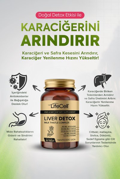 Lifecell Liver Detox (Karaciğer Detoksu) Glutatyon, Devedikeni ve Enginar İçeren Takviye&nbsp;Edici Gıda