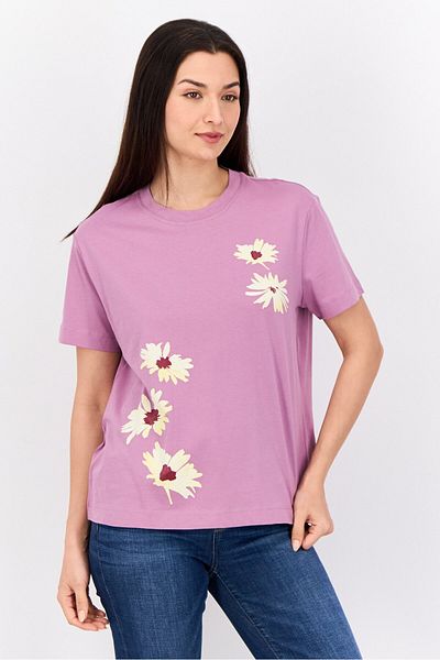 Esprit Women Crew Neck Short Sleeve Floral Print T-shirt, Pink