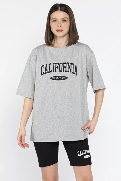 GÜLSELİ Gray Women's California Printed T-Shirt Shorts Set of Two