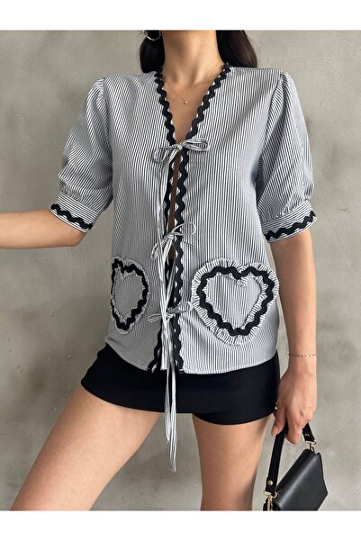 LE CARAMBOLE Women's Black Heart Detailed Front Lace up Striped Shirt