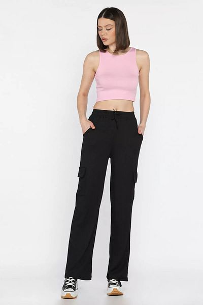GÜLSELİ Black Women's Elastic Waist Wide Leg Cargo Pocket Trousers