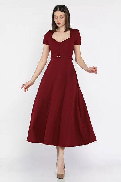 GÜLSELİ Claret Red Women's Shoulder Padded Belted Kilos Dress