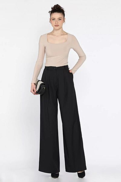 GÜLSELİ Black Women's High Waist Pleated Fabric Pants