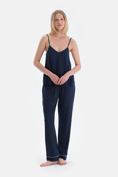 Dagi Navy Blue Piping Detailed Athlete Pants Pajama Set