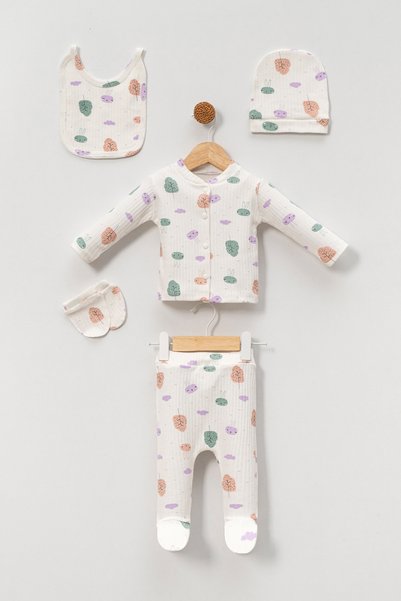NEU KIDS Hastane Çıkışı 100% Pamuku Tavşanlı Yaprak Baskılı Yenidoğan 5li Set...