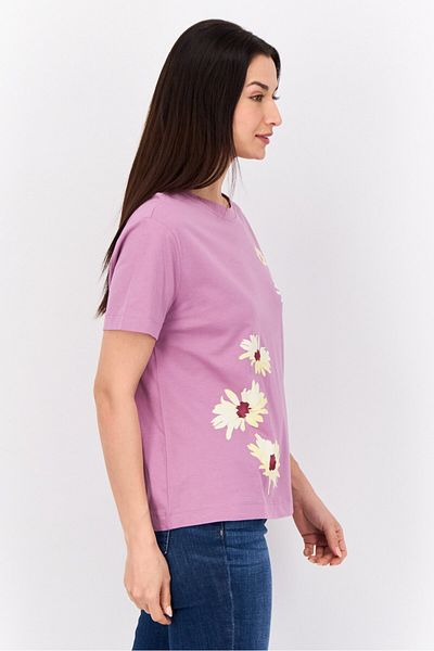 Esprit Women Crew Neck Short Sleeve Floral Print T-shirt, Pink