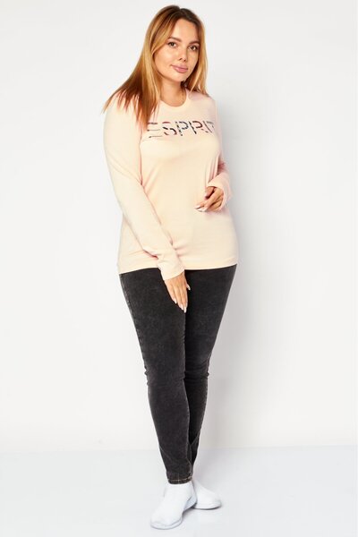 Esprit Women Round Neck Long Sleeves Brand Logo Top, Peach Combo