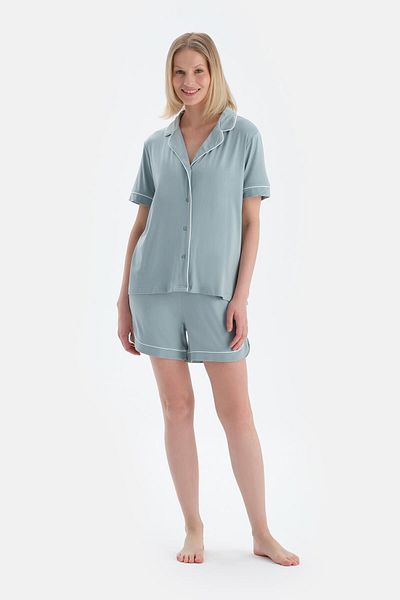 Dagi Water Green Piping Detailed Short Sleeve Shirt Shorts Pajama Set