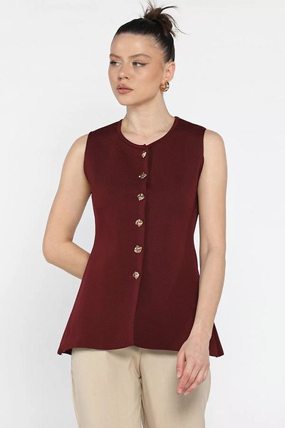 GÜLSELİ Claret Red Women's Crew Neck Buttoned Knitwear Vest (S-M-L Size Available)