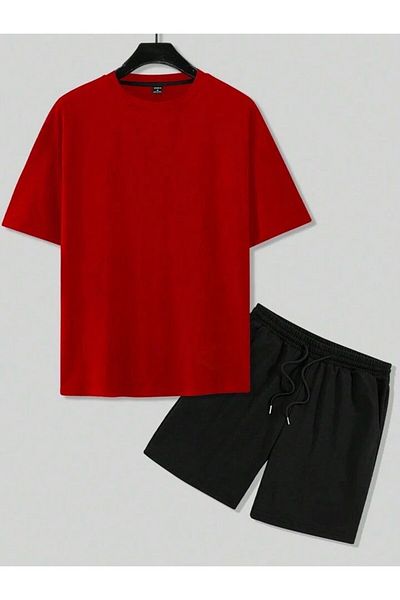 trendgar Duz Red&Black Bottom Oversize Suit with Shorts