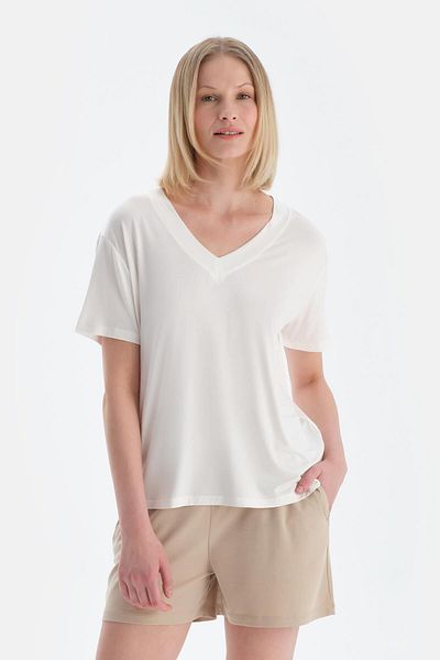 Dagi Ecru V-Neck Short Sleeve Modal T-Shirt
