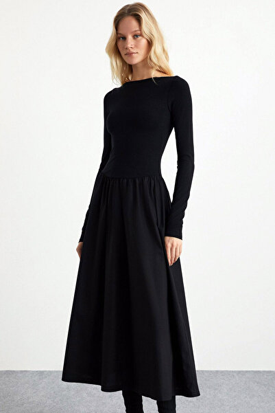 Ottawe Slim Fit Dar Kalıp Eteği Poplin Uzun Kol Kayık Yakalı Casual Midi Boy Elbise