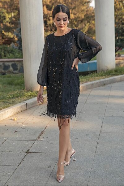 Bersi Butik Black Sequin Plus Size Evening Dress