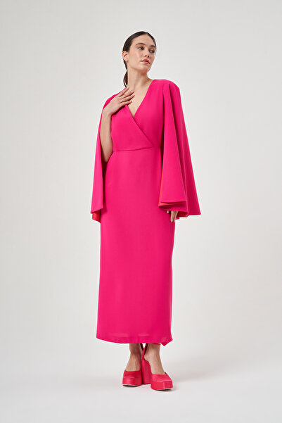 Mimya Fuşya Pelerinli Krep Elbise 2758