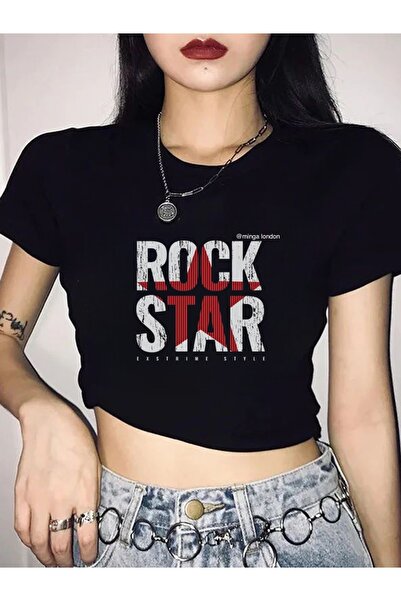 Minga London Crna bluza sa kratkim rukavima sa natpisom "Rock Star" - minga l...