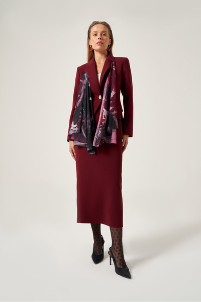 Mimya Bordo Krep Vatkalı Fularlı Blazer Ceket 6824