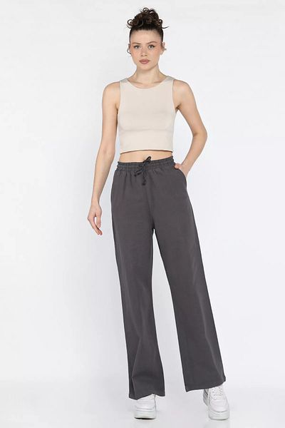 GÜLSELİ Anthracite Women's High Waist Palazzo Linen Trousers