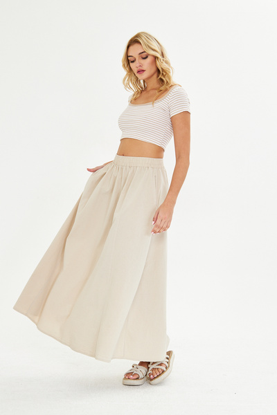 BELISTIL Ecru Loose Cut Long Skirt with Pocket Detail Linen Blend Elastic Waist