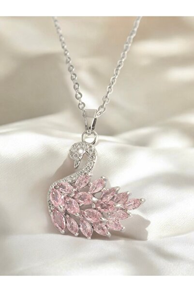Elifsu Jewelry Kuğu Gümüş Renkli Zirkon Taşlı Çelik Kolye