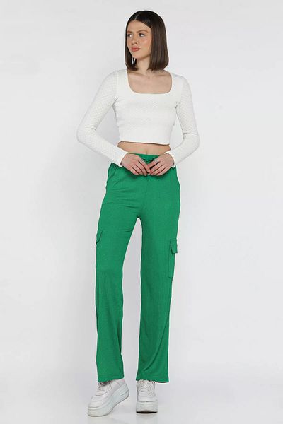 GÜLSELİ Green Women's Elastic Waist Wide Leg Cargo Pocket Trousers