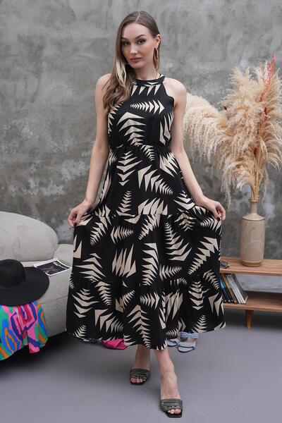 ZEYWEAR Halter Yaka Beli Lastikli Kloş Elbise