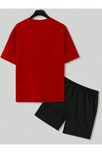 trendgar Duz Red&Black Bottom Oversize Suit with Shorts