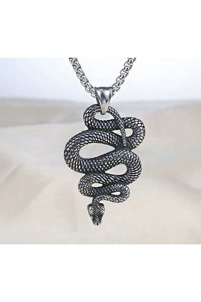 voyageaccessory Antique Tumbled Stainless Steel Healing Icon Snake Pendant / with 60cm Chain