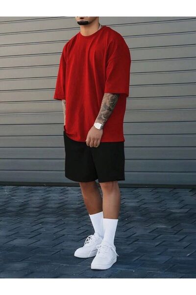 trendgar Duz Red&Black Bottom Oversize Suit with Shorts