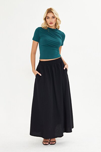 BELISTIL تنورة طويلة من الكتان المخلوط بجيب أسود فضفاض وخصر مطاطي