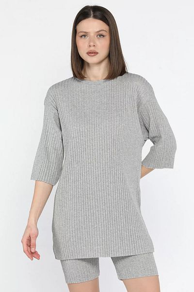GÜLSELİ Gray Crew Neck Half Sleeve Blouse Shorts Set of Two