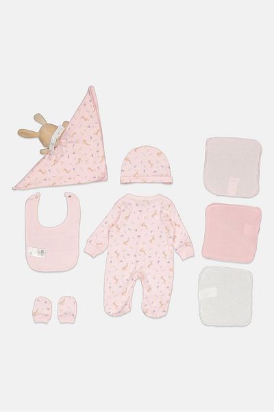 Rock A Bye Baby Boutique Toddlers Girl 8 Pieces Floral Bodysuit And Pants Hanging Gift Set, Pink