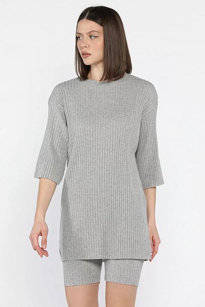 GÜLSELİ Gray Crew Neck Half Sleeve Blouse Shorts Set of Two