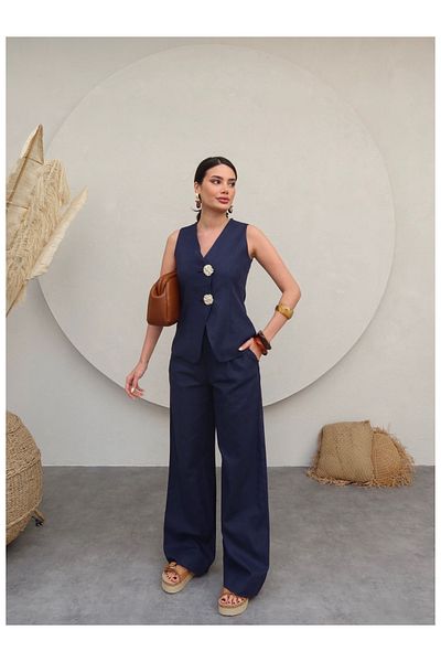 ESRAHELVACI Gold Buttoned Linen Trousers Set
