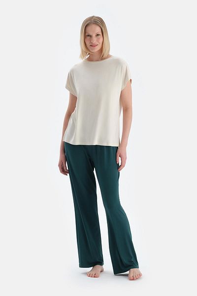 Dagi Ecru Off Shoulder Short Sleeve Viscose T-Shirt Pants Pajama Set
