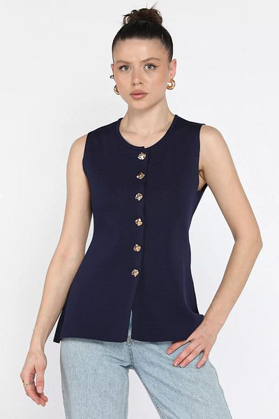 GÜLSELİ Navy Blue Women's Crew Neck Buttoned Knitwear Vest (S-M-L Size Available)
