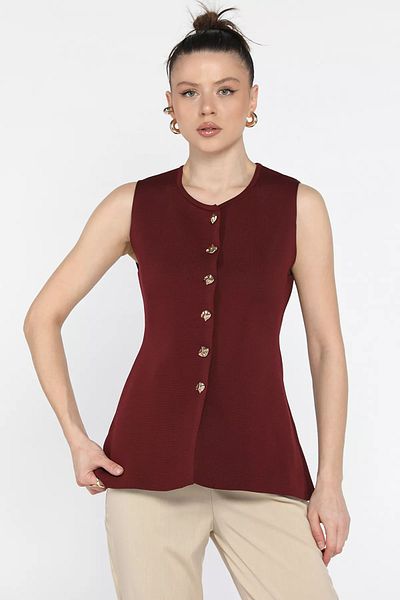 GÜLSELİ Claret Red Women's Crew Neck Buttoned Knitwear Vest (S-M-L Size Available)