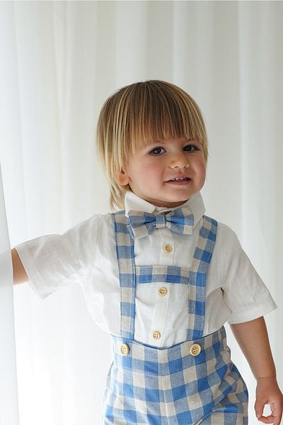Catz Kids Pantaloni scurți albastru crem carouri in Salopet + cămașă cu mânecă scurtă + papion
