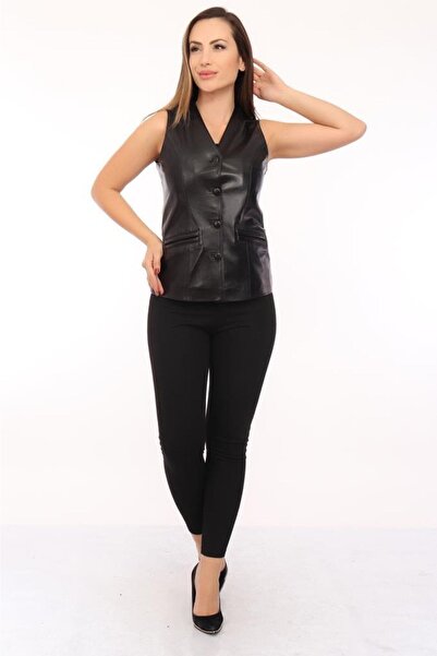 DeriWork Hakiki Kuzu Derisi Düğmeli Kadın Yelek Siyah Yelek