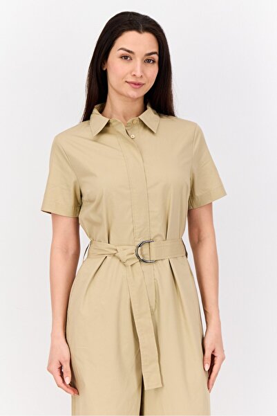 Esprit Women Solid Short Sleeves Belted Jumpsuit, Khaki