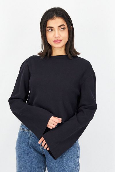 THEORY Women Petite Bateau Neck Long Sleeves Ribbed Sweater, Navy