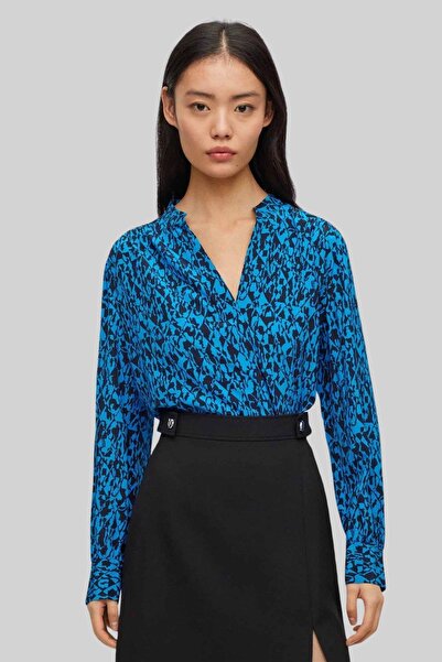 BOSS Kadın Desenli V Yaka Ipek Bluz Lacivert
