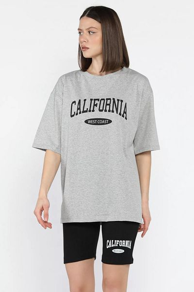 GÜLSELİ Gray Women's California Printed T-Shirt Shorts Set of Two