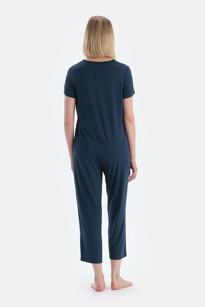 Dagi Indigo Collar Detailed Short Sleeve Modal T-Shirt Pants Pajama Set