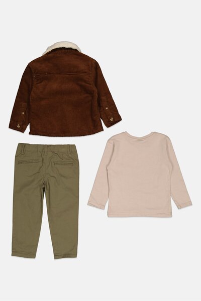 BENCH Toddlers Boy 3 Pieces Brand Logo Top And Bottom Set, Brown/Olive