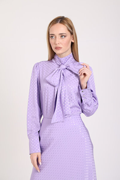 Mimya Lila Puantiyeli Saten Jakar Bluz 3515