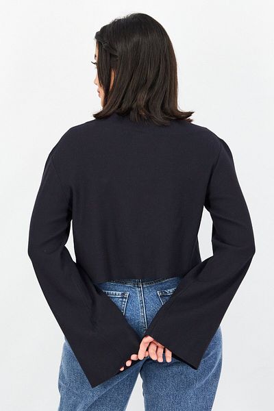 THEORY Women Petite Bateau Neck Long Sleeves Ribbed Sweater, Navy